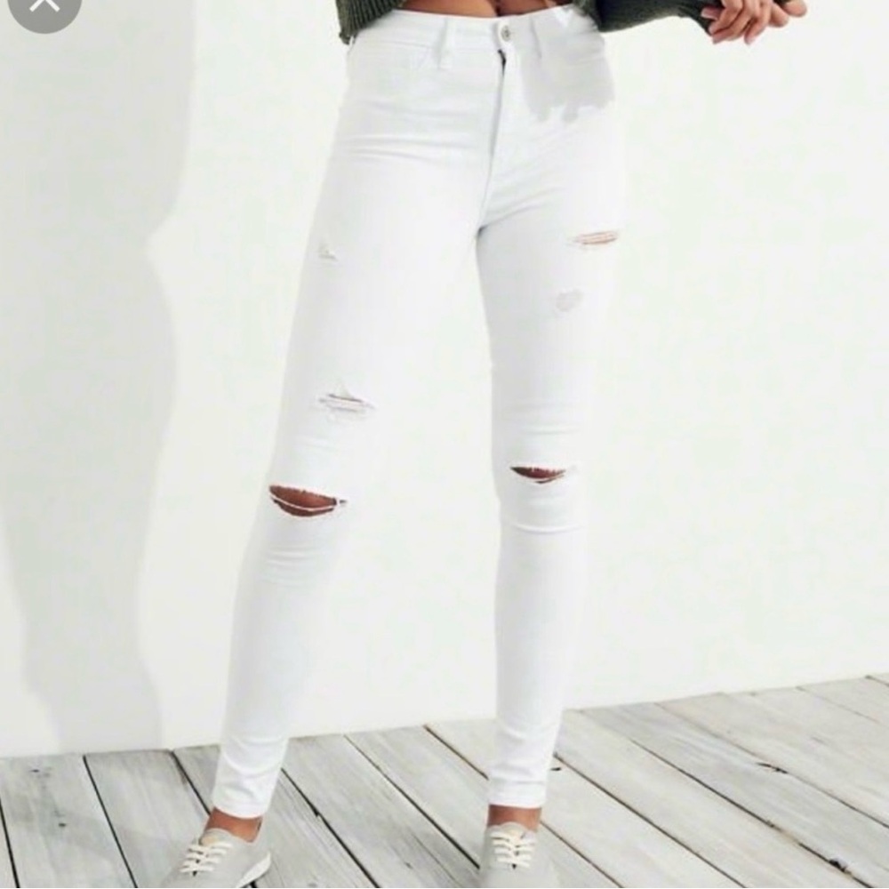 Hollister White High Rise Distressed Ripped Skinny Jeans 5L
